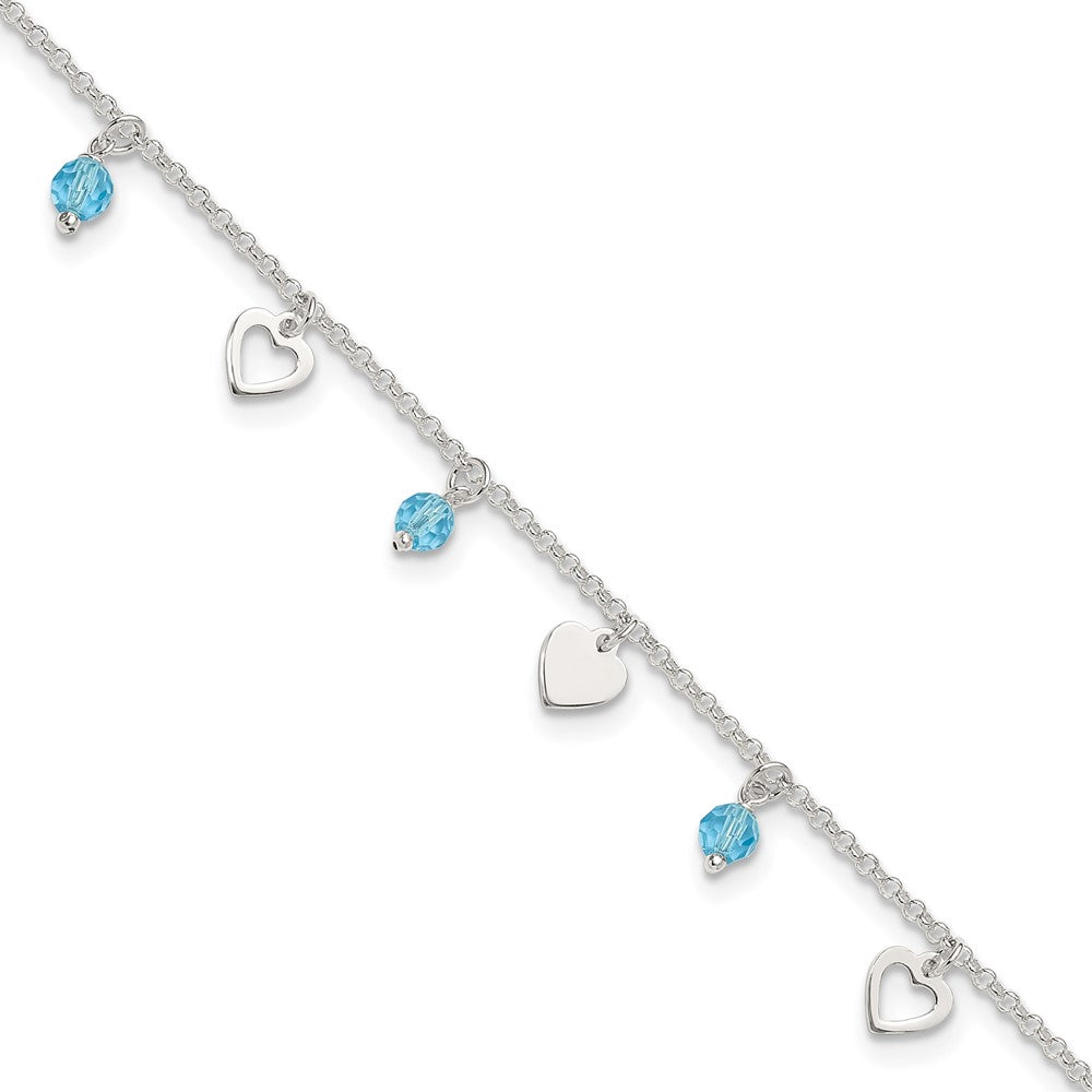 Sterling Silver 9 inch Heart and Blue Glass Plus1in ext. Anklet 9 inches