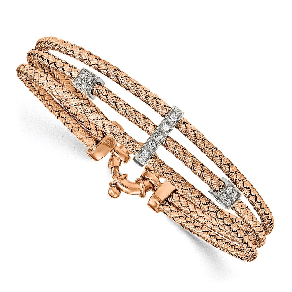 Sterling Silver Rose Gold-plated CZ Polished Woven Bracelet