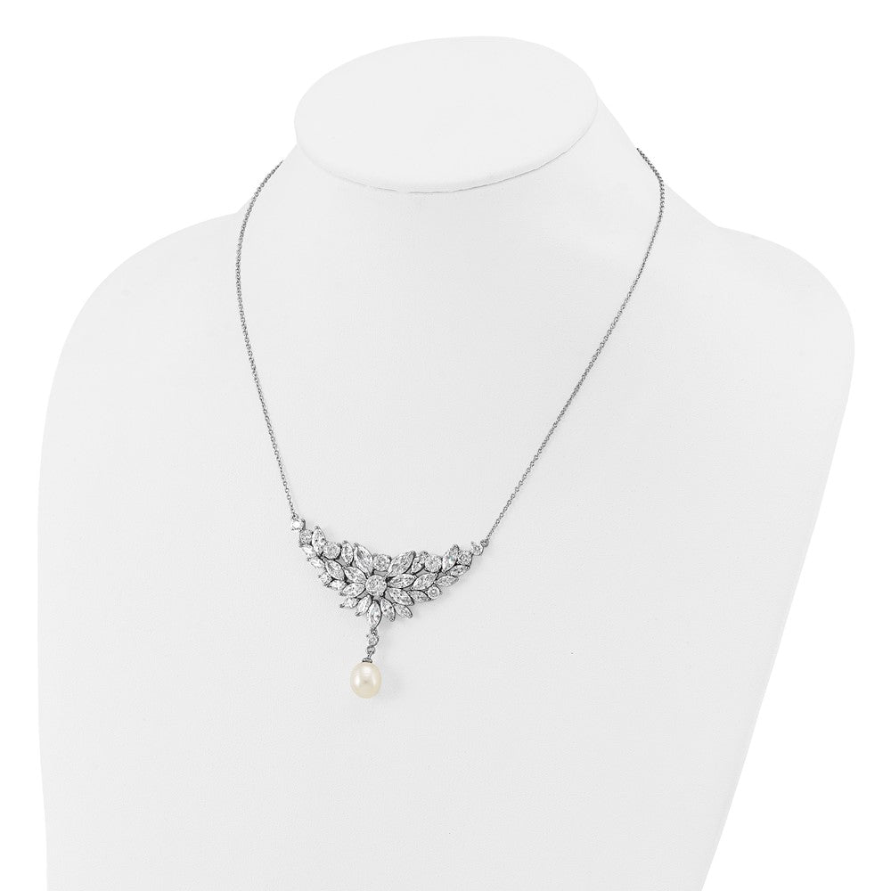 Cheryl M Sterling Silver Rhodium-plated Polished Fancy Freshwater Cultured Pearl and CZ Necklace 18 Inches