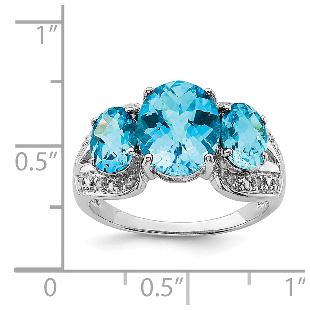 Sterling Silver Rhodium Oval Checker-Cut Blue Topaz & Diam. Ring
