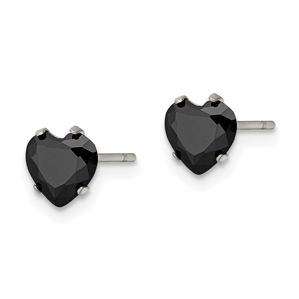 Stainless Steel Polished 6mm Black Heart CZ Stud Post Earrings