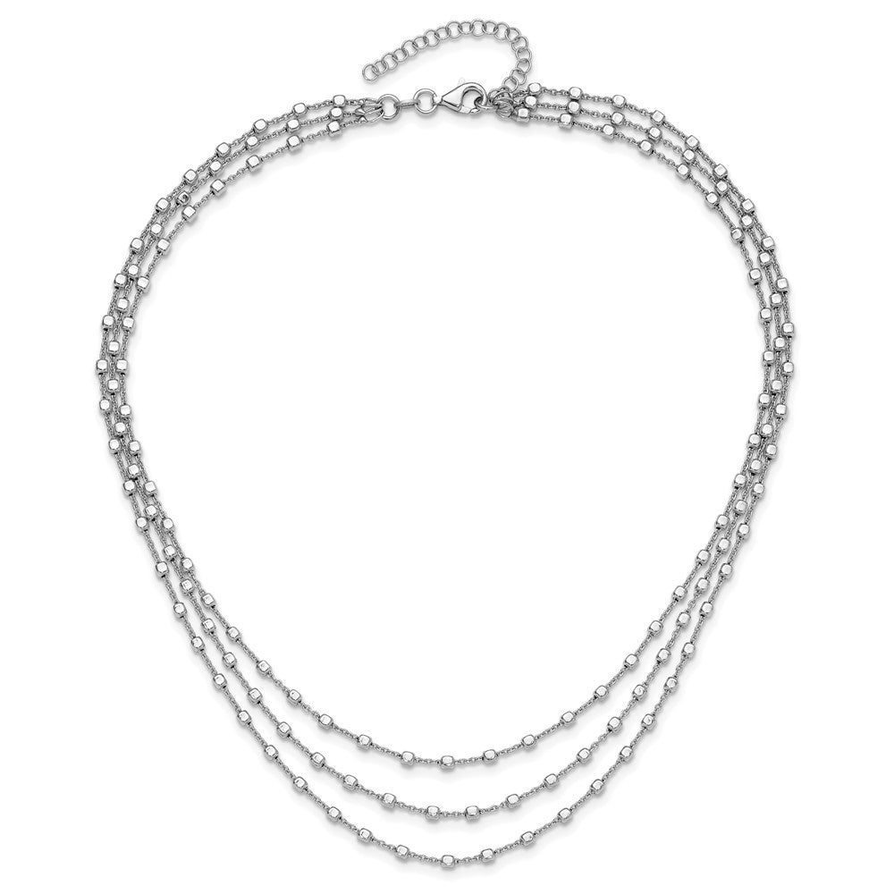 Sterling Silver Rh-plated 3 Strand Beaded 16in w/2in ext. Necklace