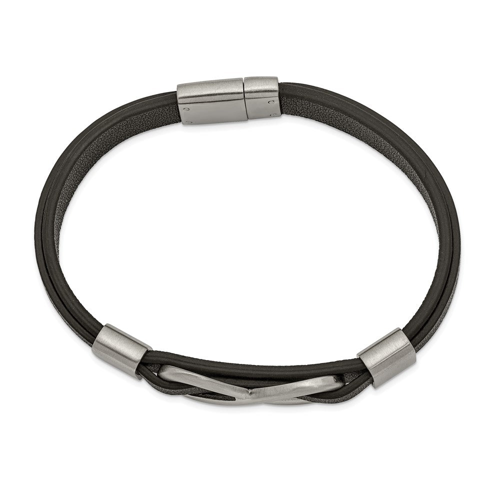 Stainless Steel Brushed & Polished Black Leather Infinity Sign Bracelet 8 inches