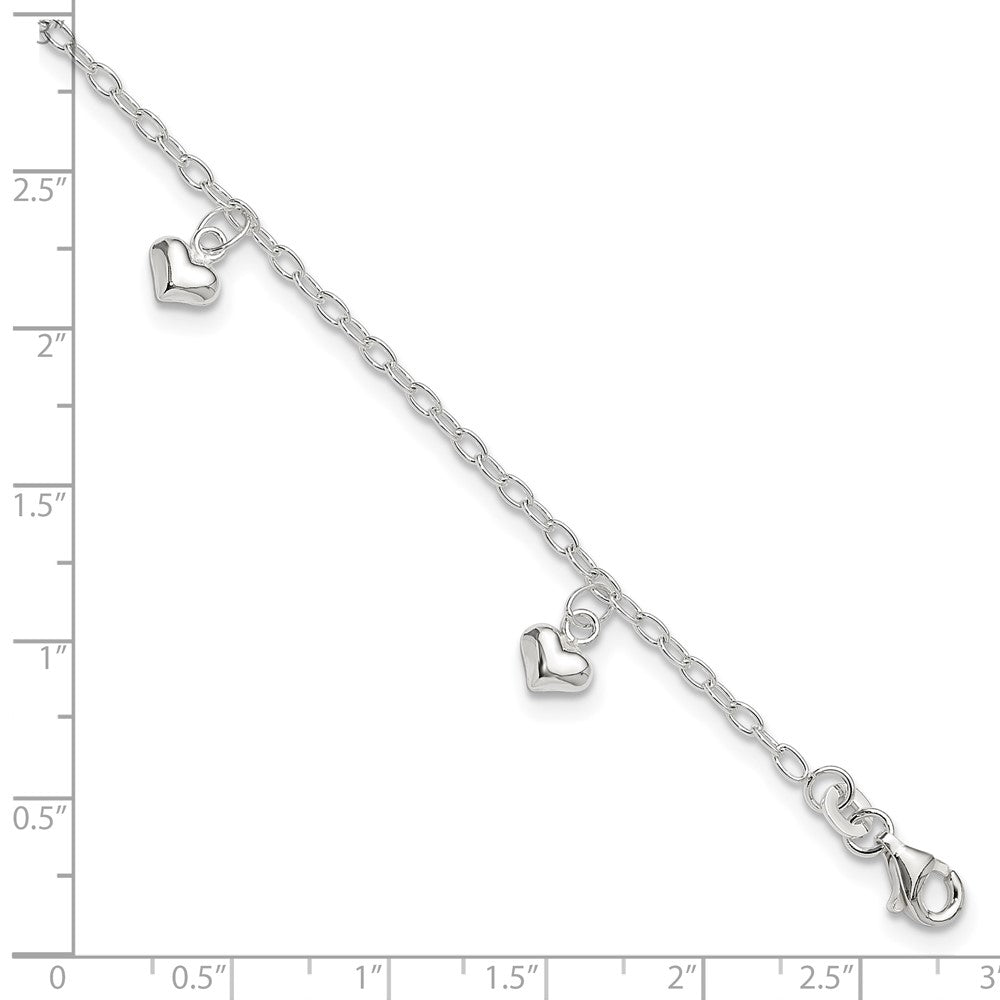 Sterling Silver Polished Puffed Heart 9in Plus1in Ext Anklet 9 inches