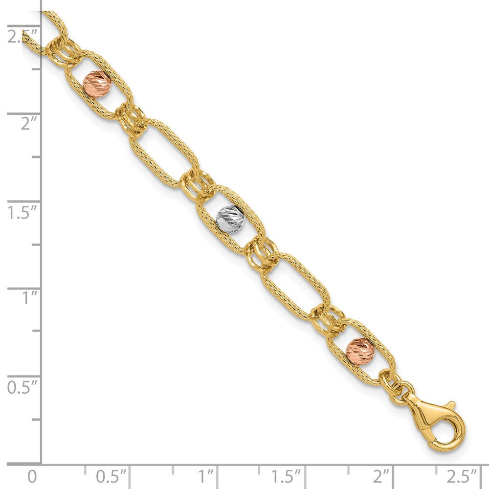 14K Tri-color Polished/Textured/Dia-cut Fancy Link Bracelet 7  inches