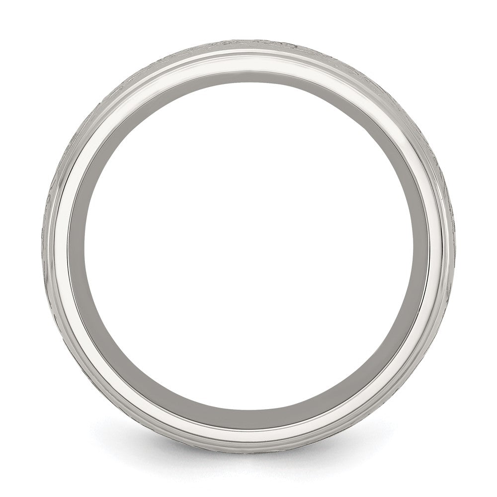 Stainless Steel Polished Etched Design Ridged Edge 7.5mm Band Size - 11