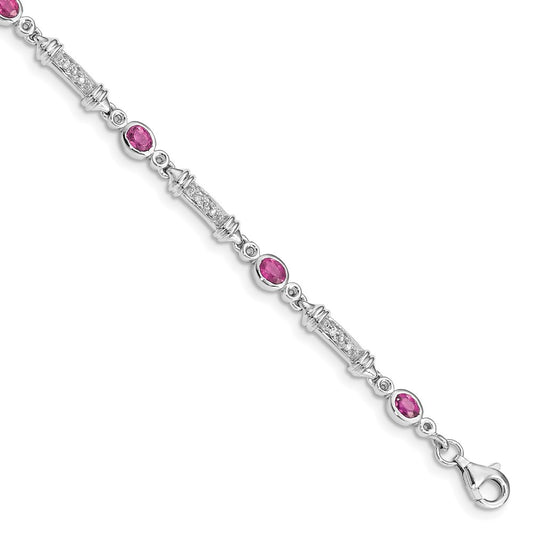 Sterling Silver Rhodium-plated Pink Tourmaline and Diamond Bracelet 7 inches