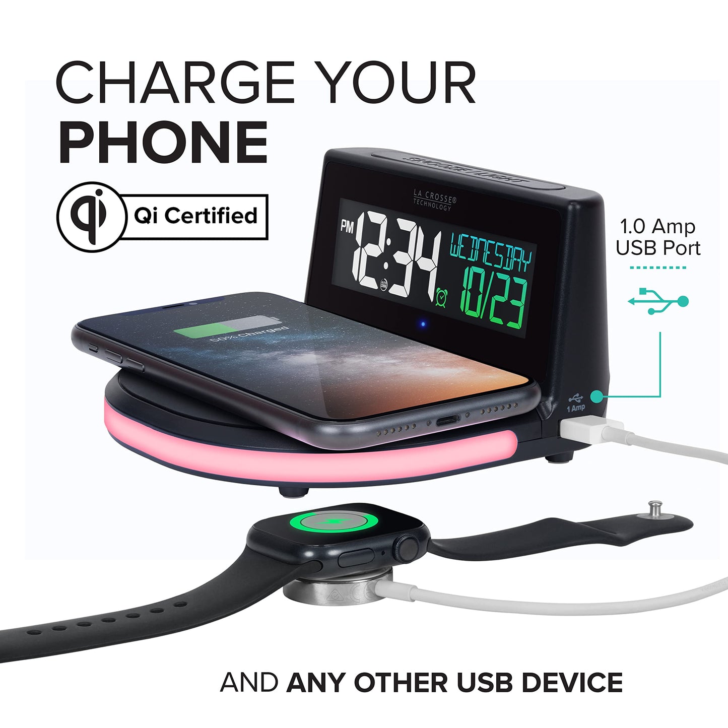 La Crosse Technology 617-148V2 Black Wireless Charging Alarm Clock with Glowing LED Base