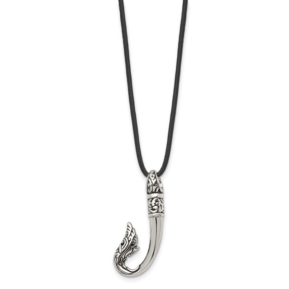 Stainless Steel Antiqued and Polished Hook 20in Leather Necklace