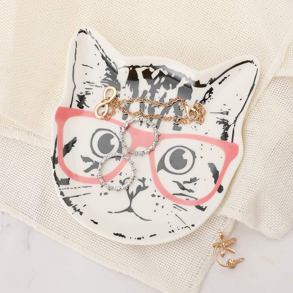Cat with Pink Glasses Ceramic Trinket Plate and Decorative Jewelry Dish