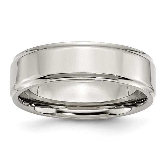 Stainless Steel Polished 7mm Ridged Edge Band Size - 7.5