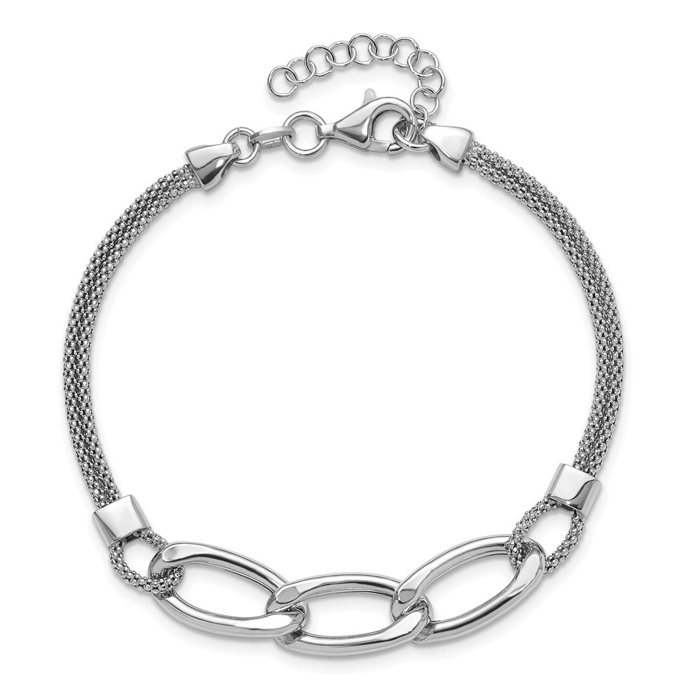 Sterling Silver Rh-plat Polished Multi-Strand w/1in ext. Bracelet 8  inches
