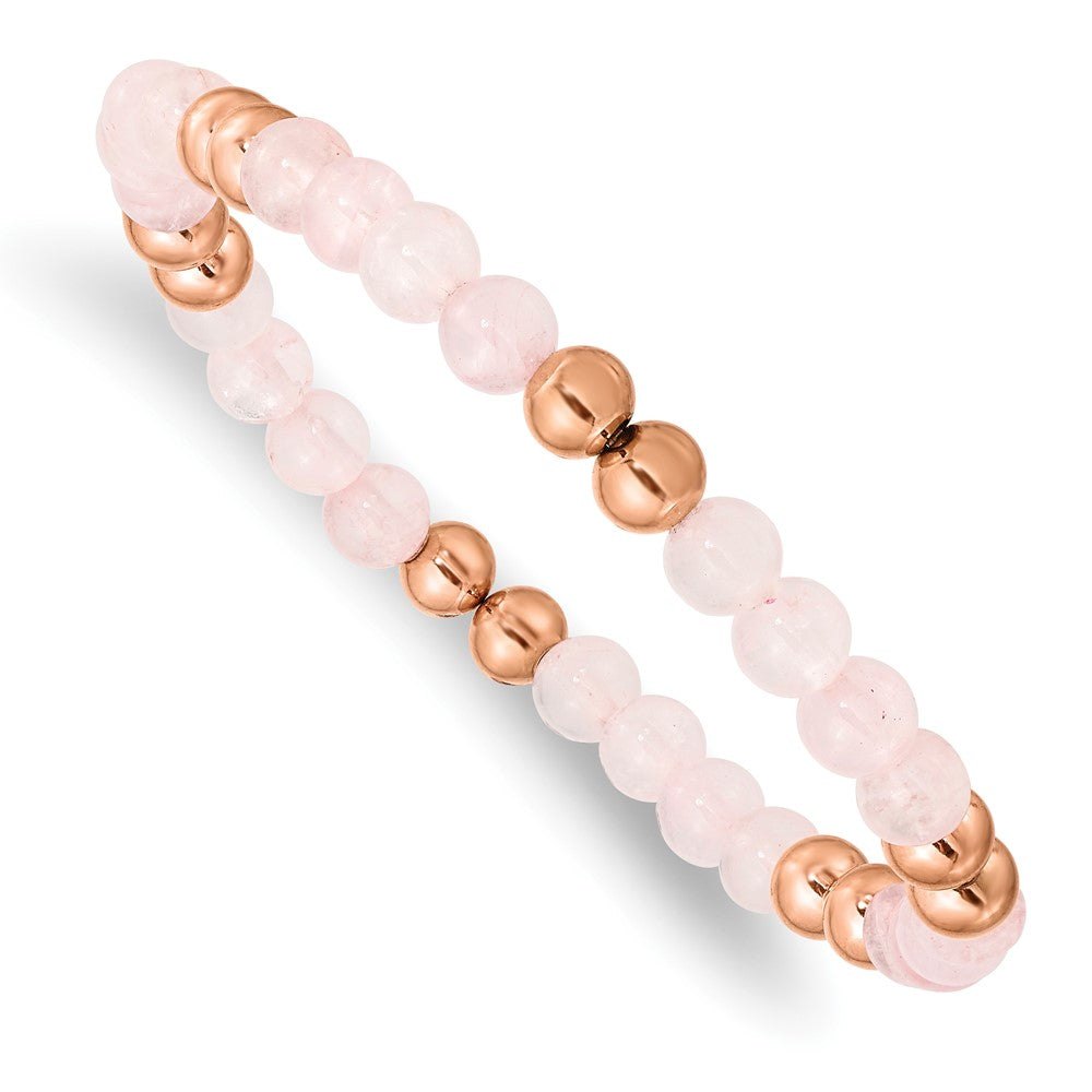 Stainless Steel Polished Rose IP-plated Pink Quartz Beaded Stretch Bracelet 7.25 inches
