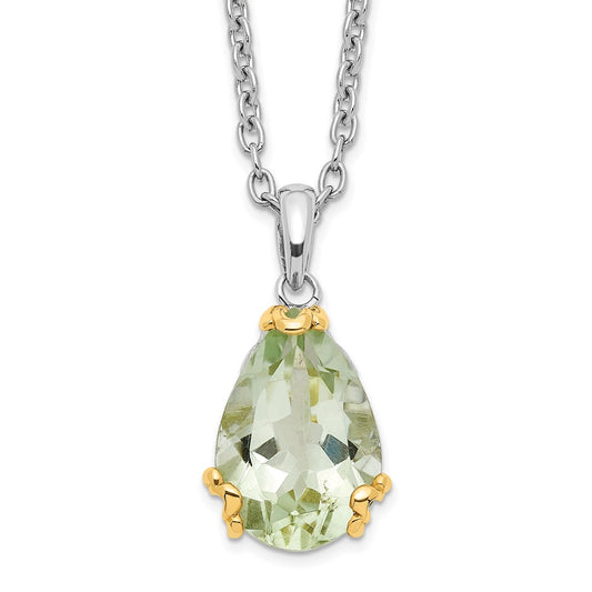 Brilliant Gemstones Sterling Silver with 14K Accent Rhodium-plated Green Quartz 18 Inch Necklace with 2 Inch Extender 18 Inches