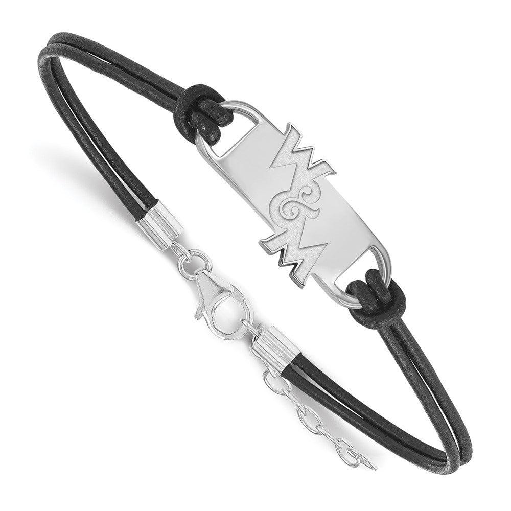 Sterling Silver Rhodium-plated LogoArt College of William and Mary Black Leather 7 inch Bracelet with Extender