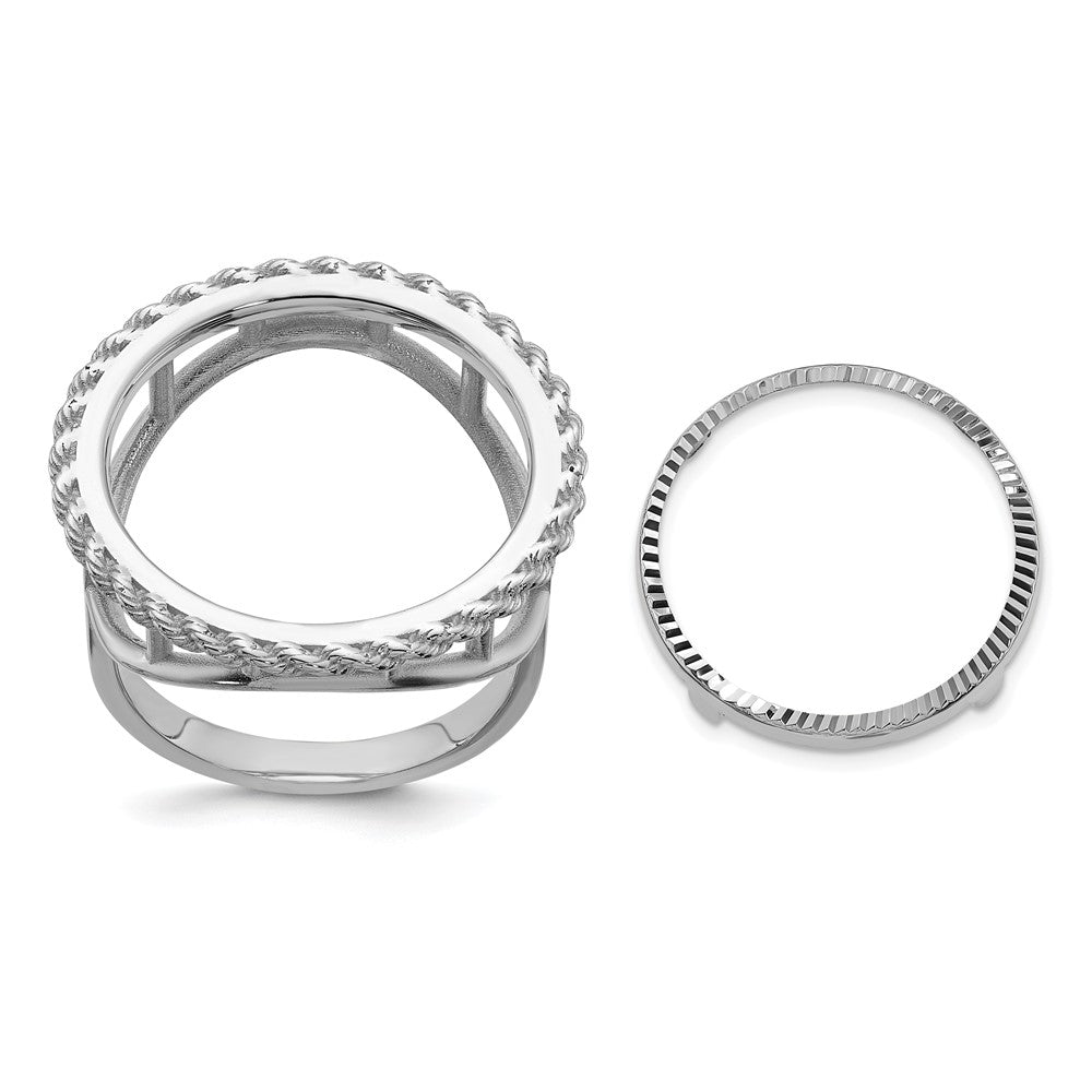 Wideband Distinguished Coin Jewelry 14k White Gold Ladies' Polished Textured and Diamond-cut Rope Edge 16.5mm Coin Bezel Ring