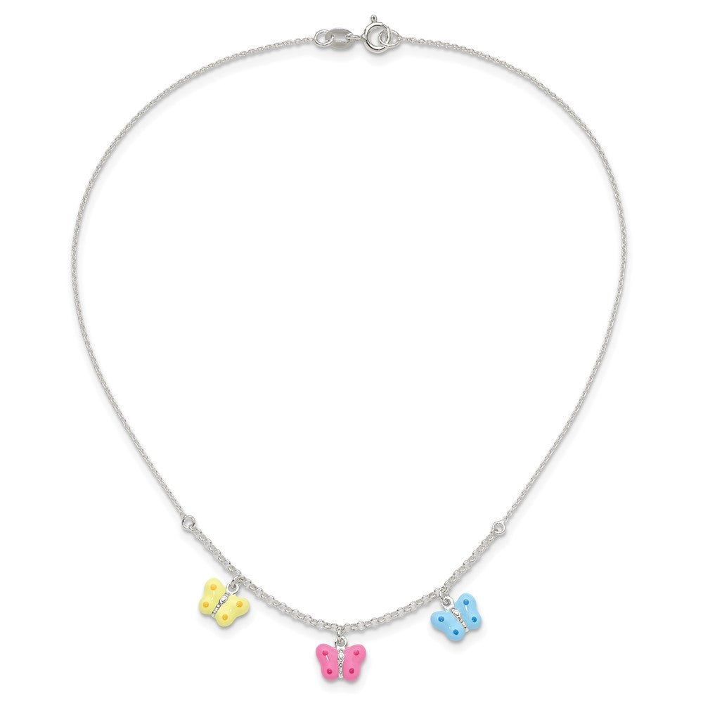 Sterling Silver Polished Yellow, Pink and Blue Enameled Three Butterfly Children's Necklace 14 Inches