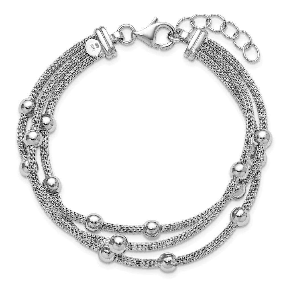 SS RH-plated Polished 3-strand Bead w/1in ext. Bracelet 8.5  inches