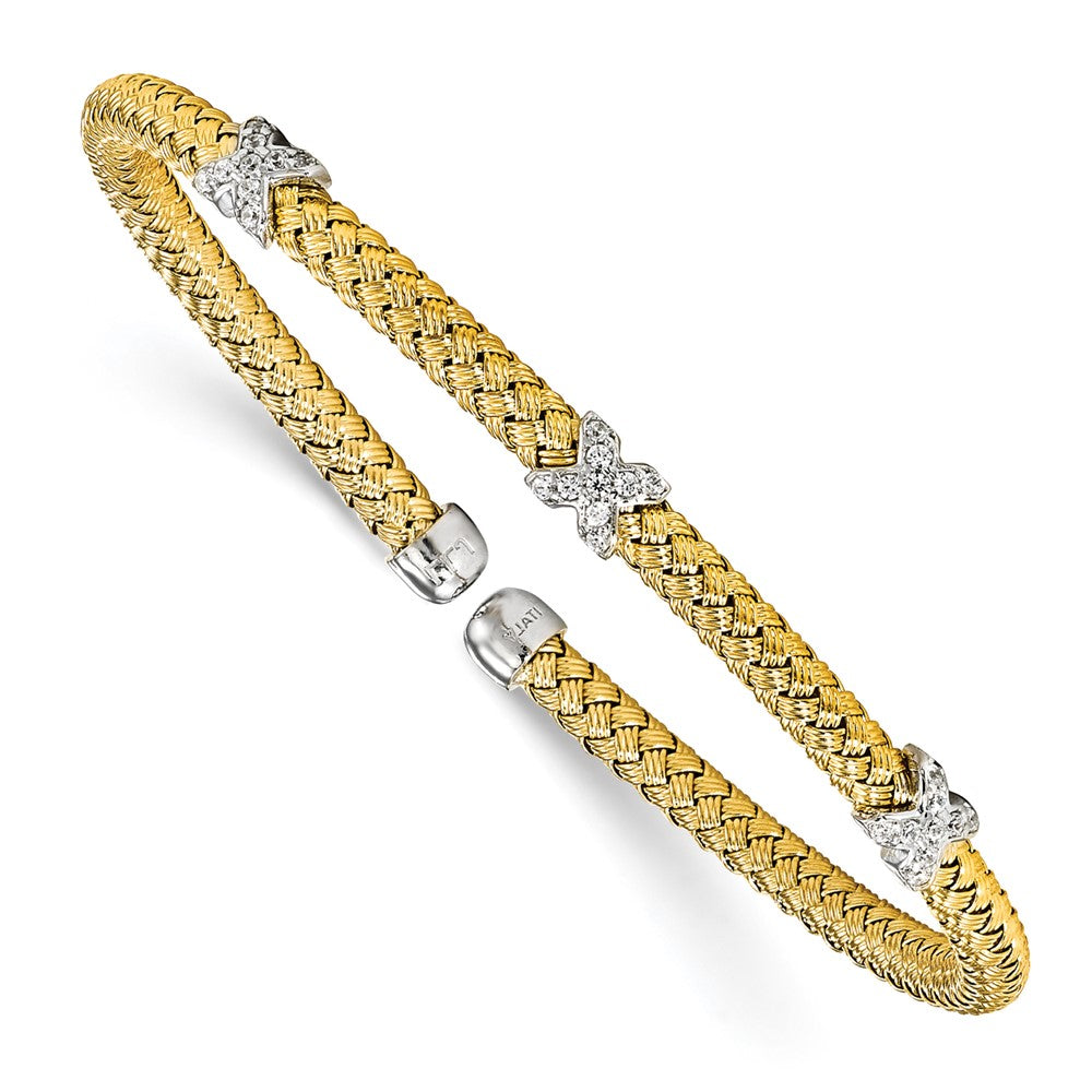 Sterling Silver Rhodium-plated and Gold-plated CZ Woven Cuff 6.75  inches