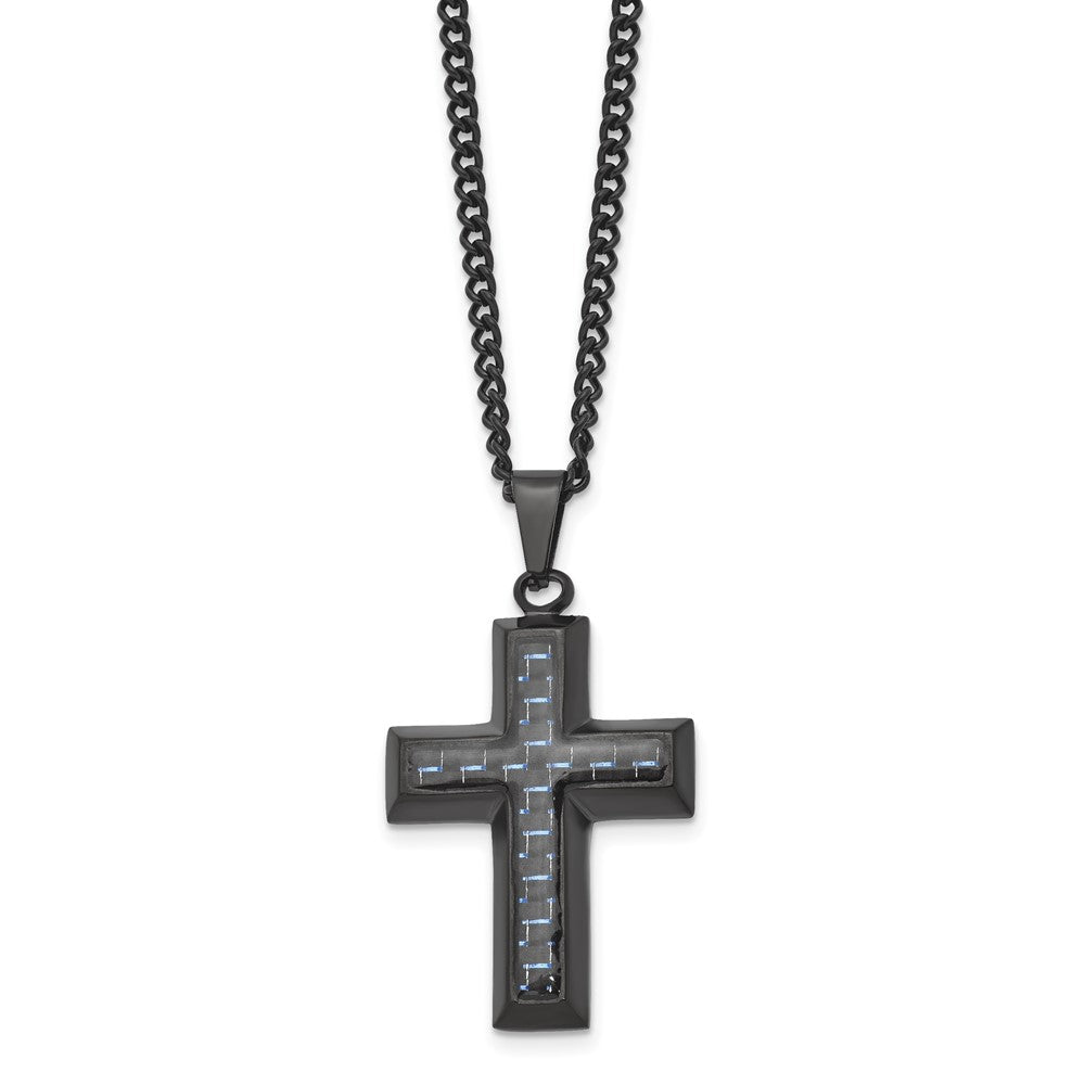Stainless Steel Polished Black IP w/Blue Carbon Fiber Inlay Cross Necklace