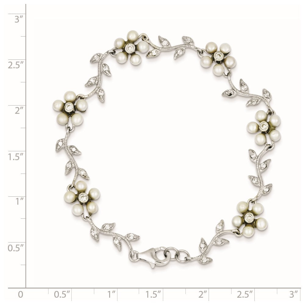 Sterling Silver Rhodium-plated CZ Vine Pattern and Fresheater Cultured Pearl Floral 7 inch Bracelet 7 inches