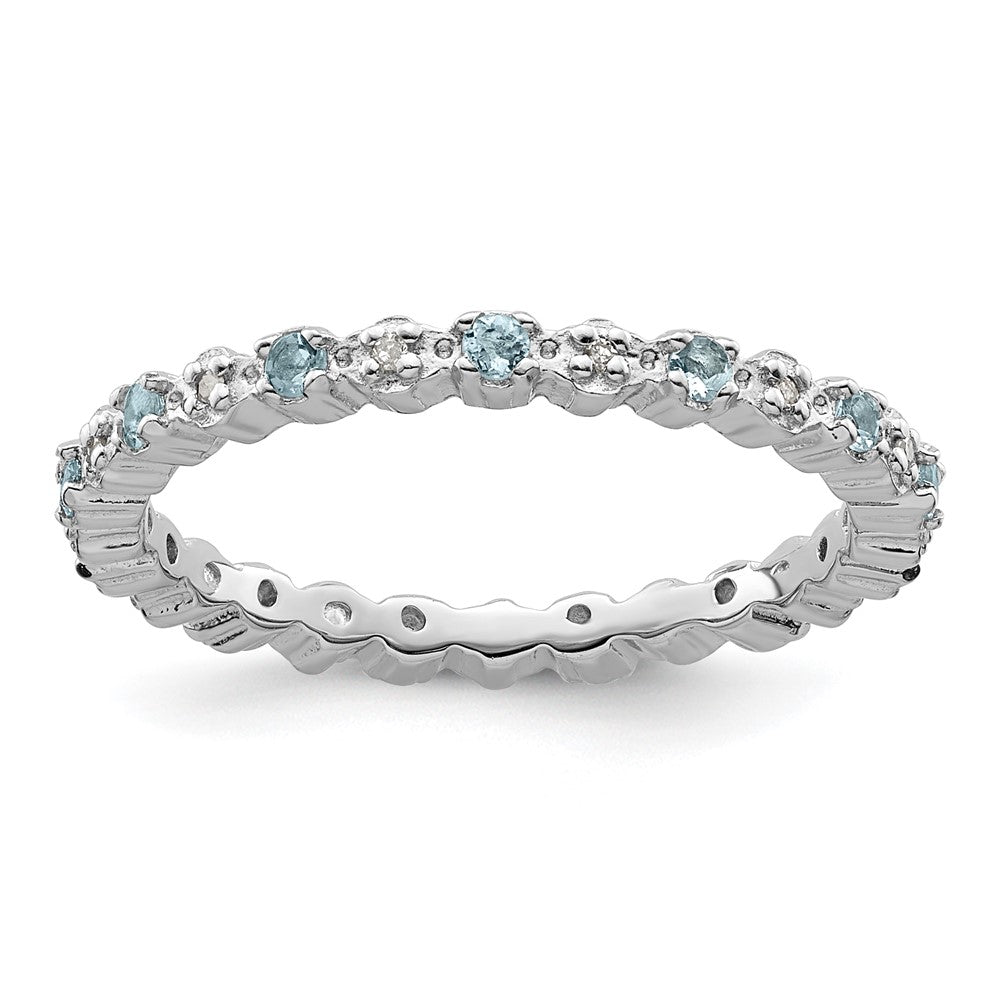 Sterling Silver Stackable Expressions Aquamarine & Diamond Ring Size -9