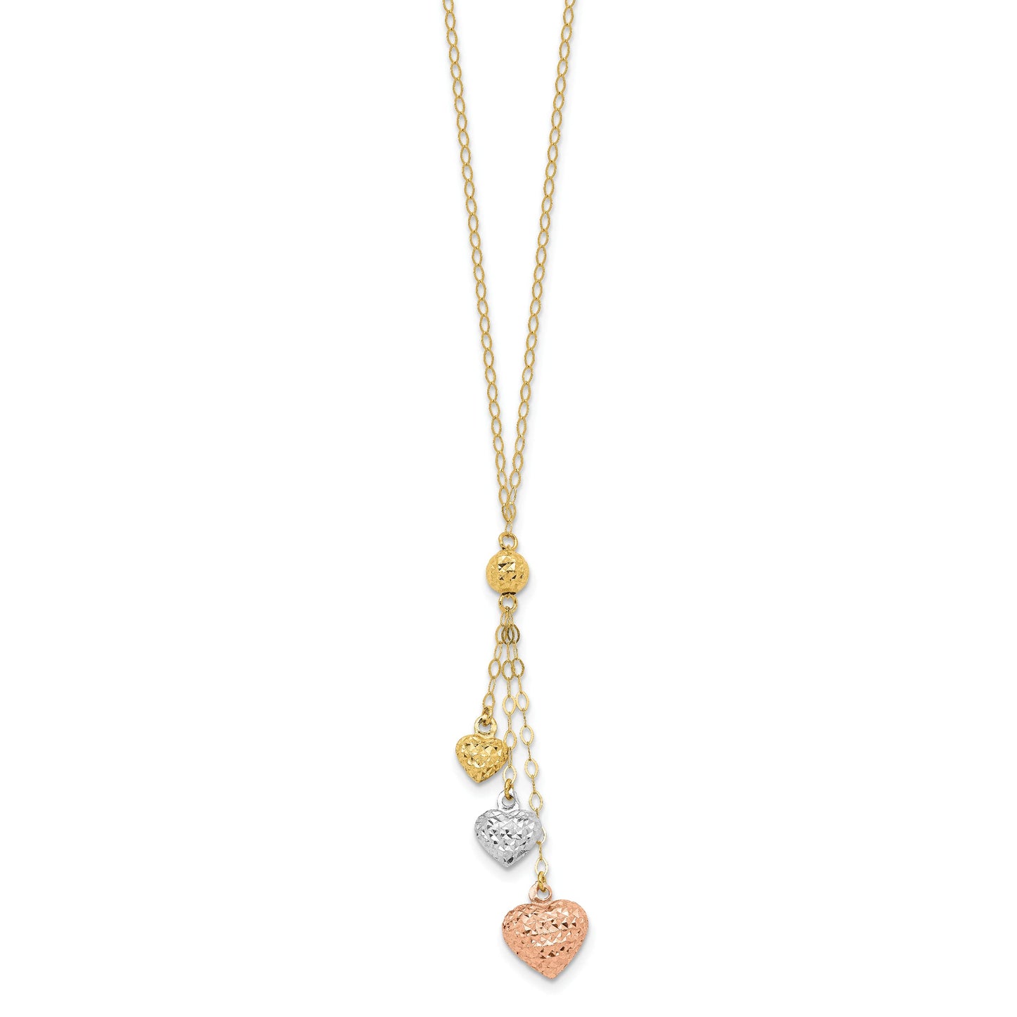 14 Karat Tri-color Puff Heart Lariat with 2 Inch E