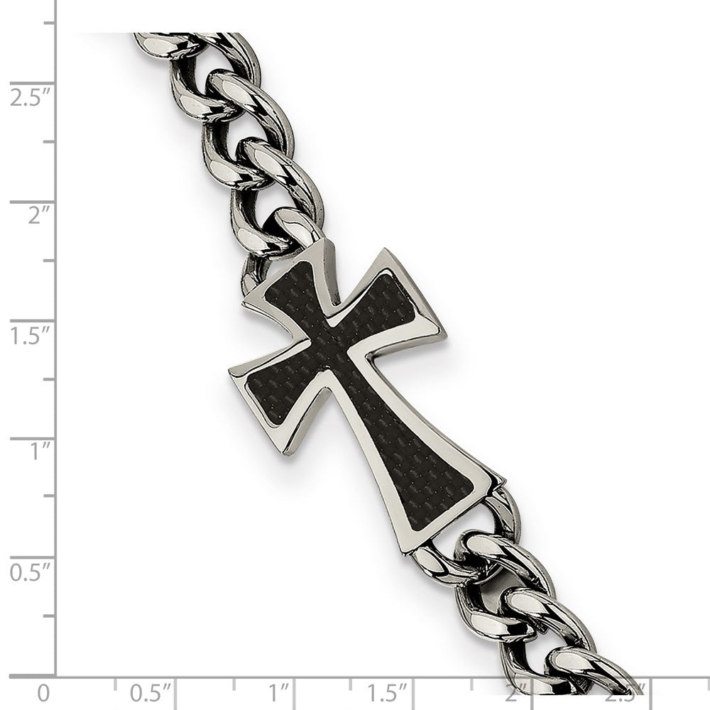 Stainless Steel Polished Black Carbon Fiber Inlay Cross 8.5in Bracelet 8.5 inches