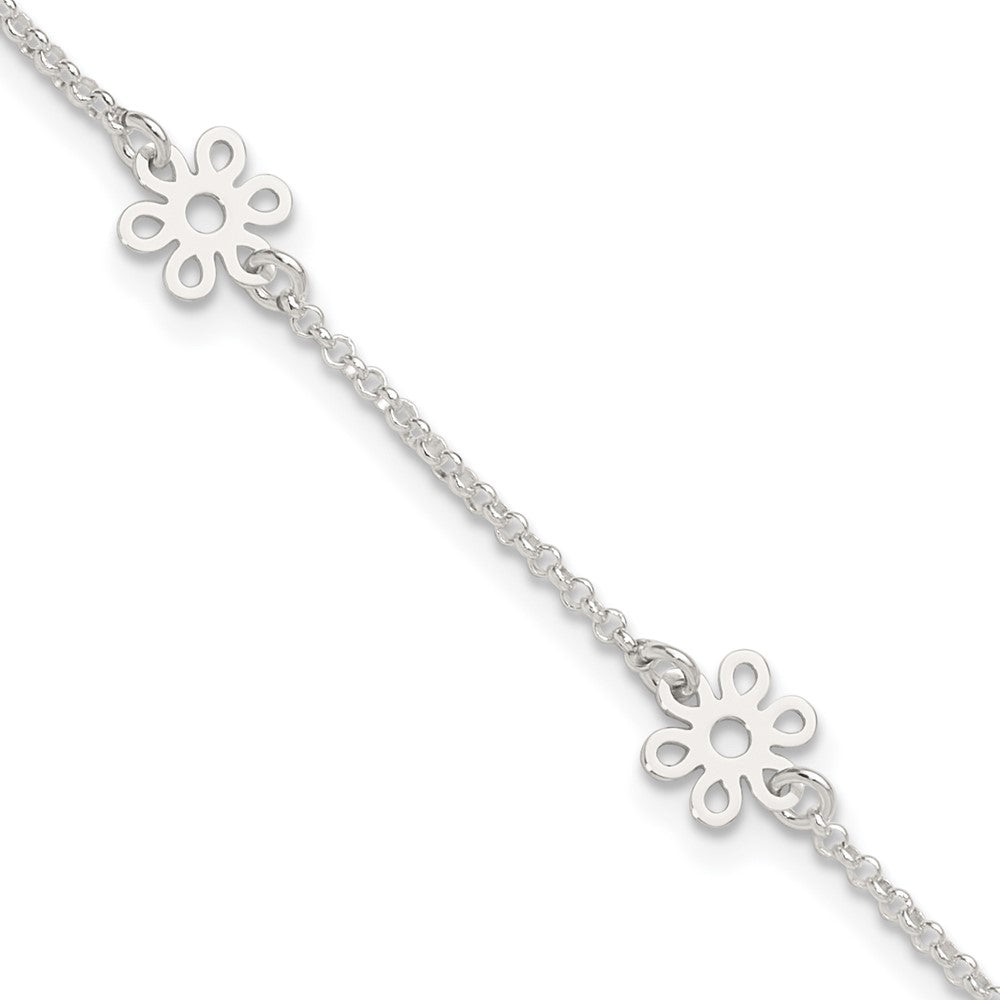 Sterling Silver Polished Flower 9in Plus 1in Ext. Anklet 9 inches