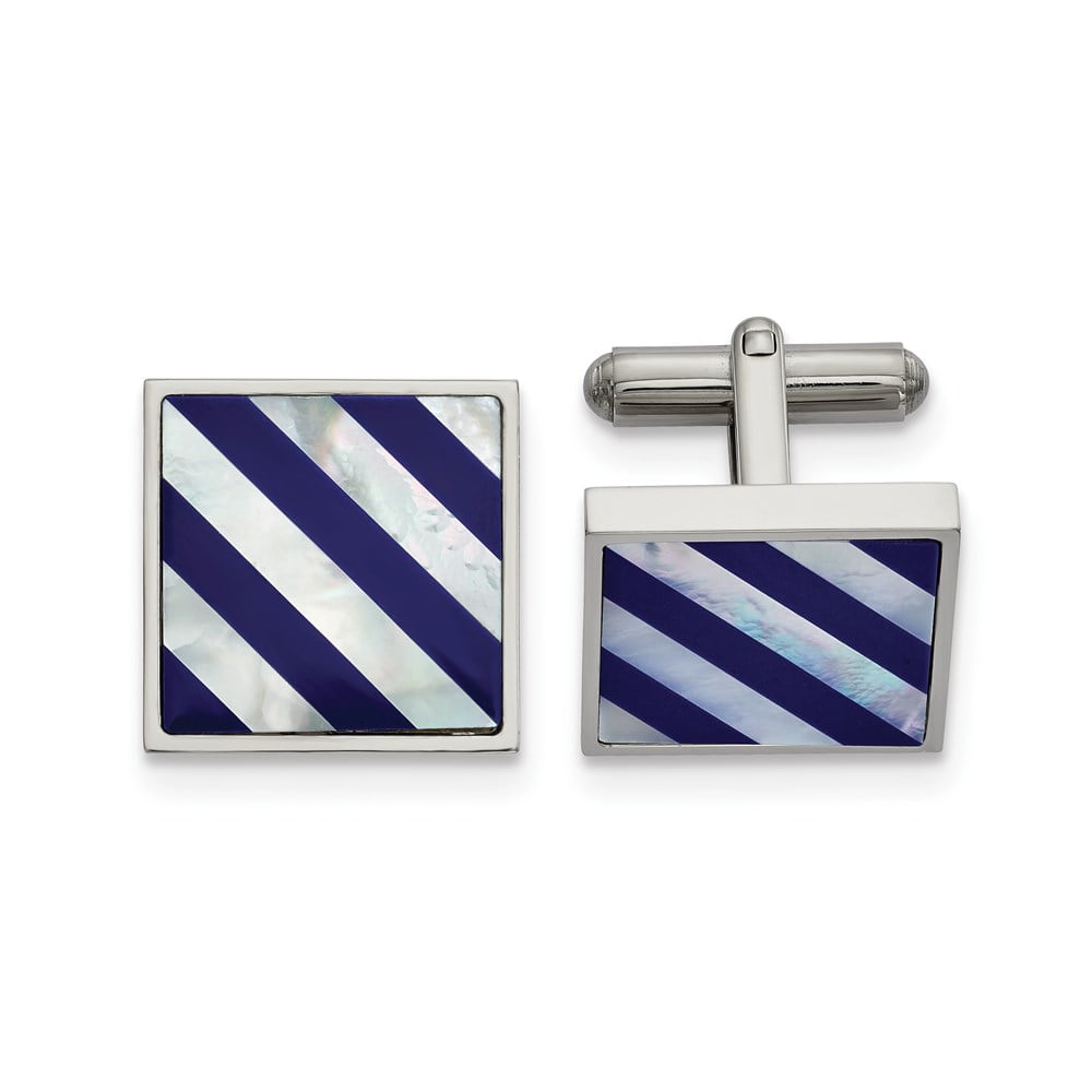 Chisel  Stainless Steel Polished with Mother of Pearl and Blue Shell Inlay Cuff Links