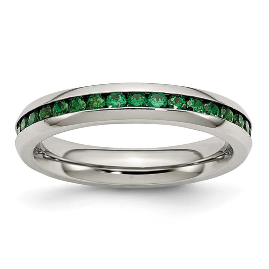 Stainless Steel Polished 4mm May Dark Green CZ Ring Size - 8
