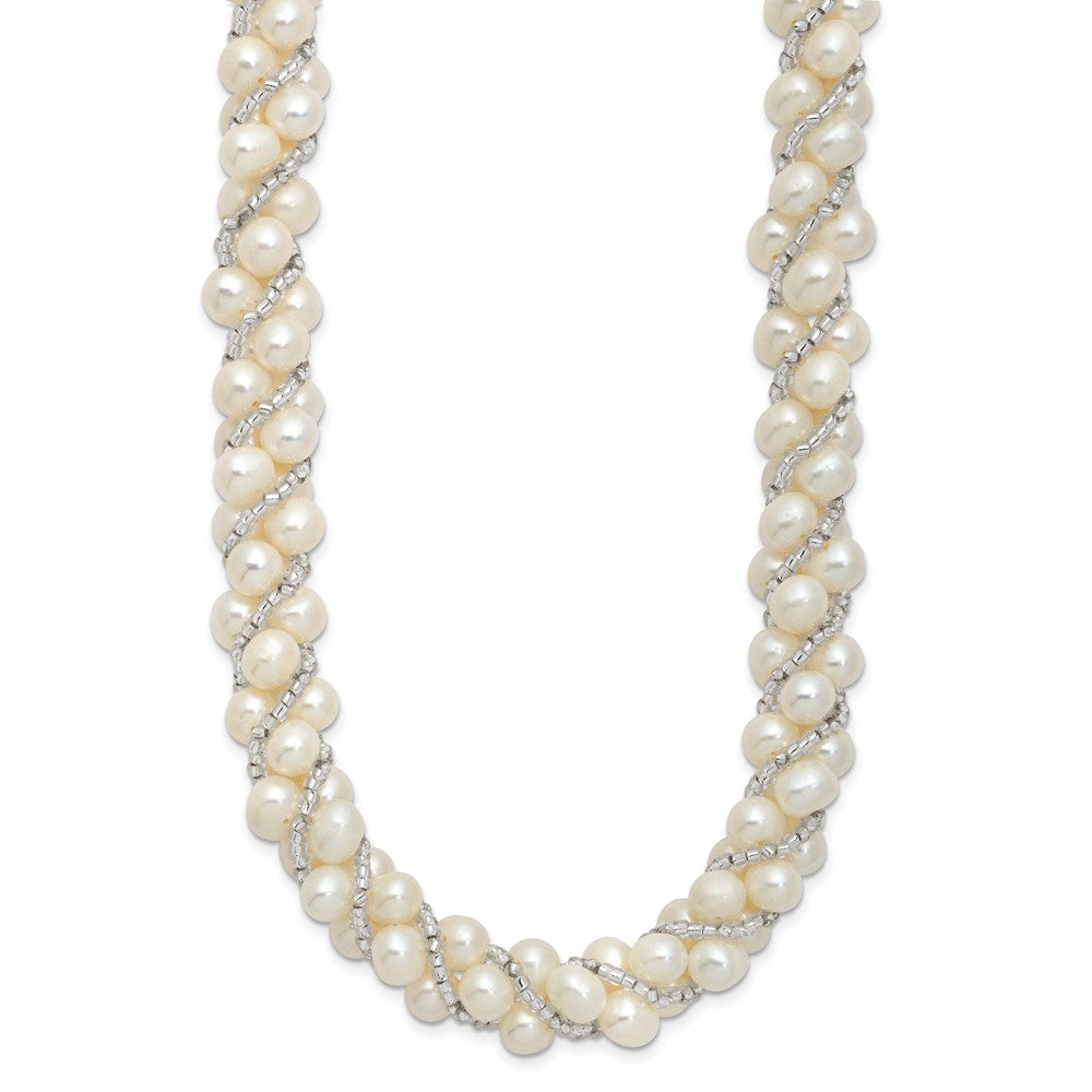 Sterling Silver Rhodium-plated 6-7mm White Near-Round Pearl and Glass Beaded Twisted 18 inch Necklace 18 Inches