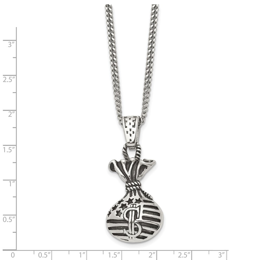 Stainless Steel Polished and Antiqued Money Bag 22in Necklace