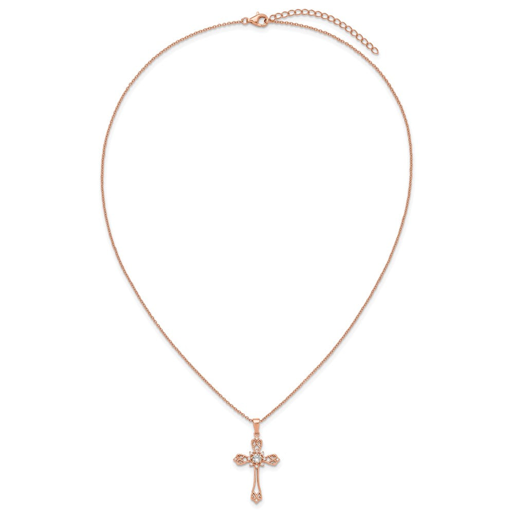 Cheryl M Sterling Silver Rose Gold-plated Polished CZ Cross with 2 Inch Extension Necklace 18 Inches