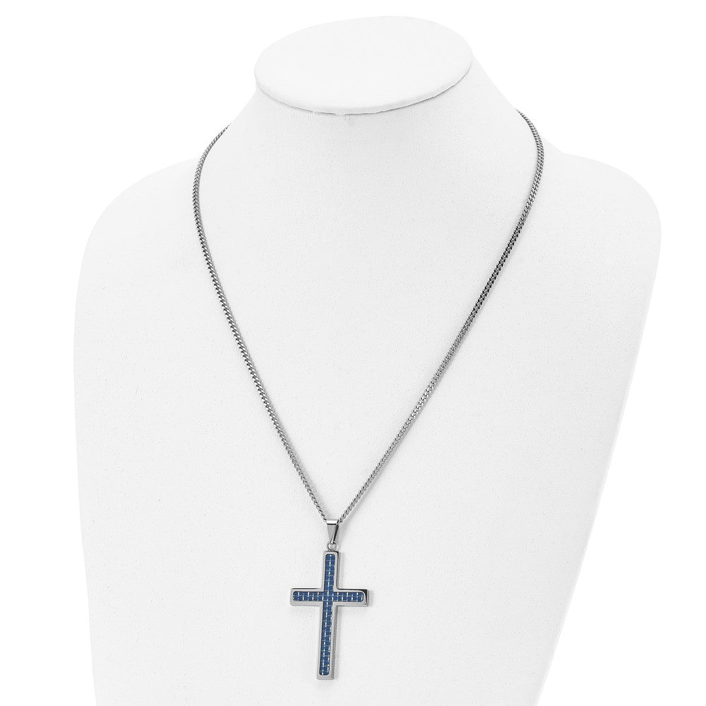 Stainless Steel Polished w/Blue Carbon Fiber Inlay Cross 22in Necklace