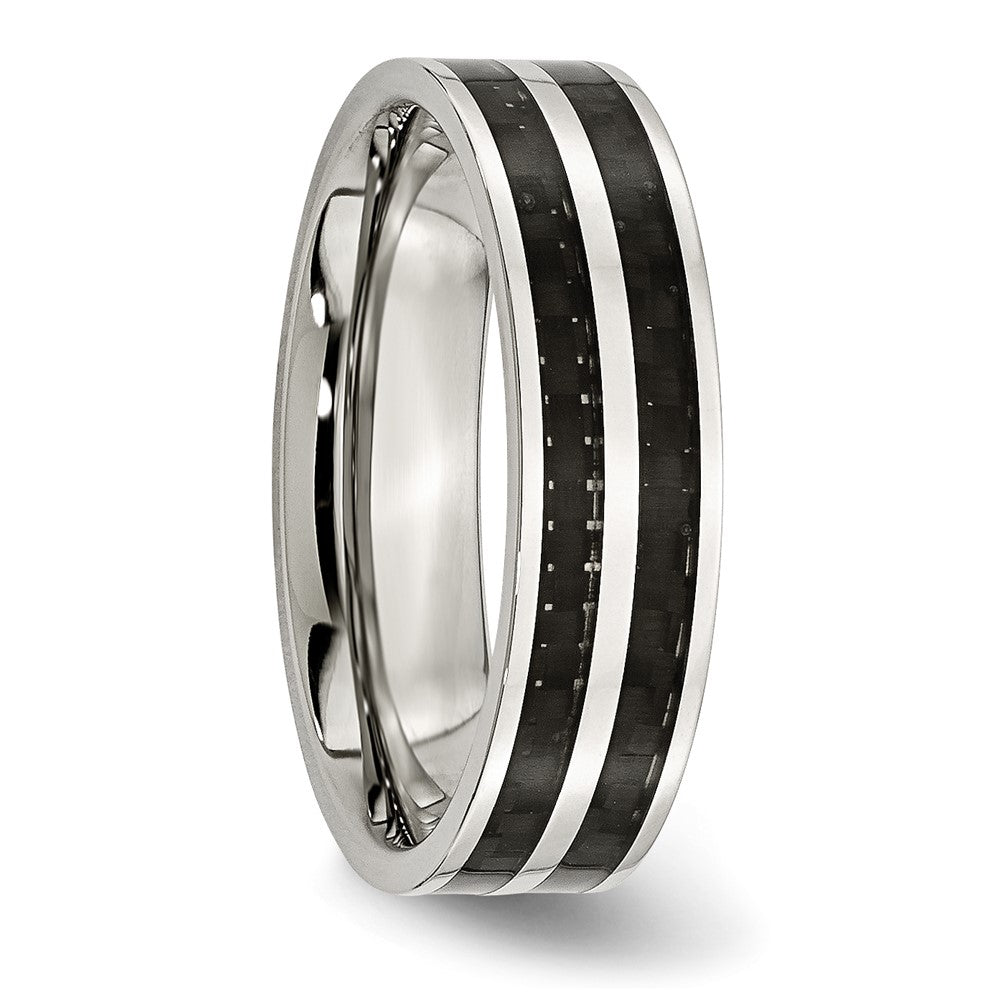 Stainless Steel Polished Double Row Black Carbon Fiber Inlay 6mm Band Size - 6