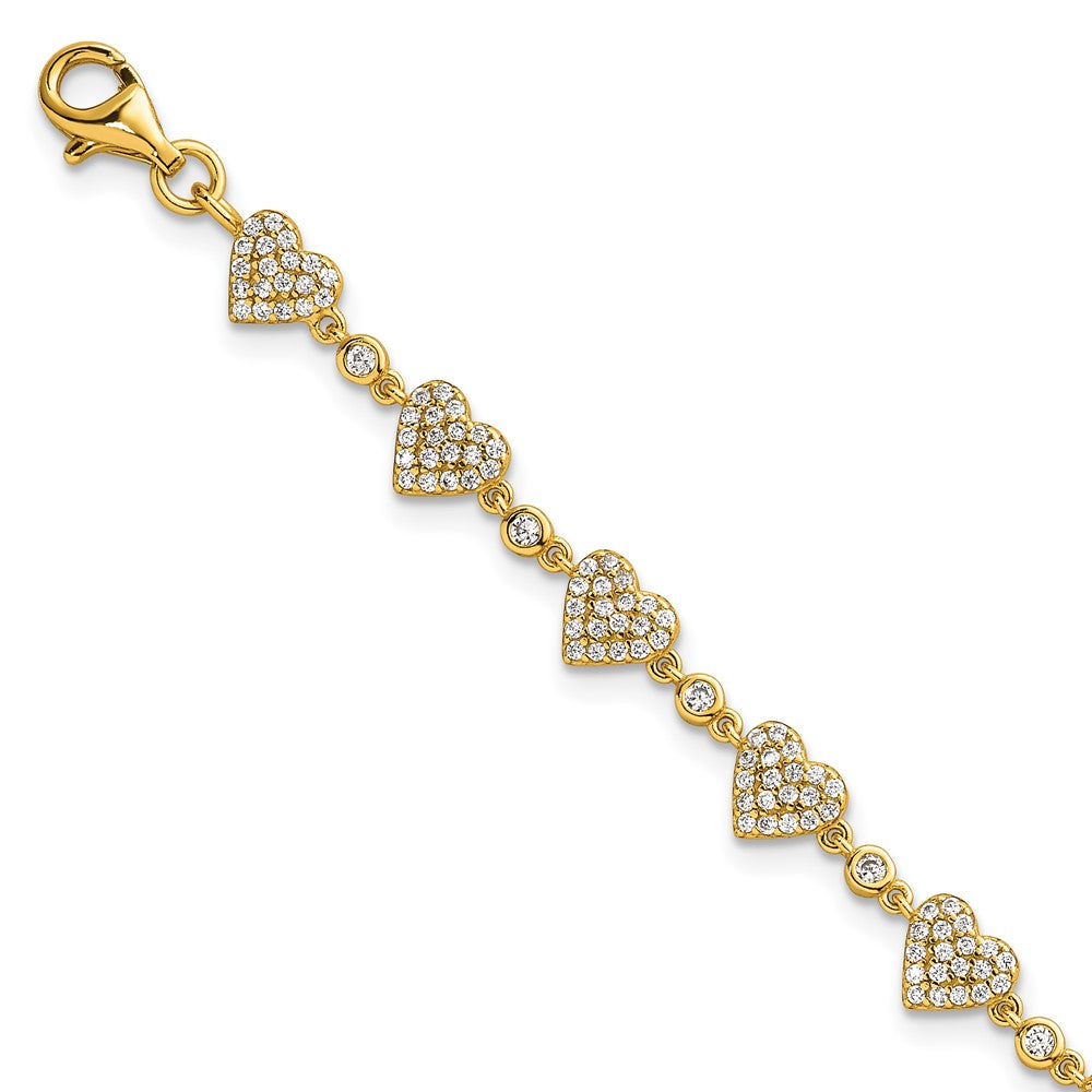 Sterling Silver Gold-tone Polished Pave CZ Hearts 7 Inch with 1 Inch Extension Bracelet 8 inches