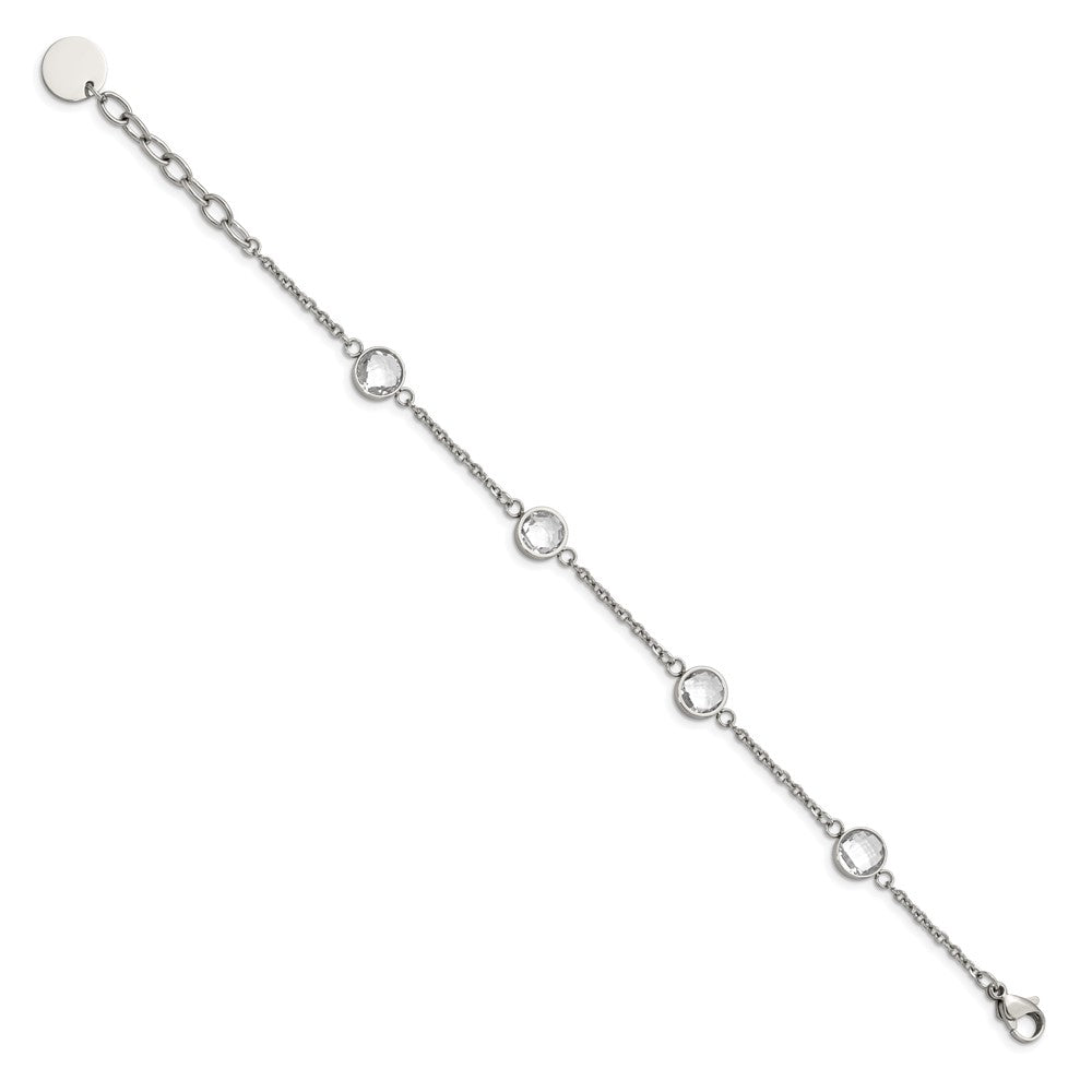 Stainless Steel Polished with Glass 6.5in w/1.25in ext. Bracelet 6.5 inches