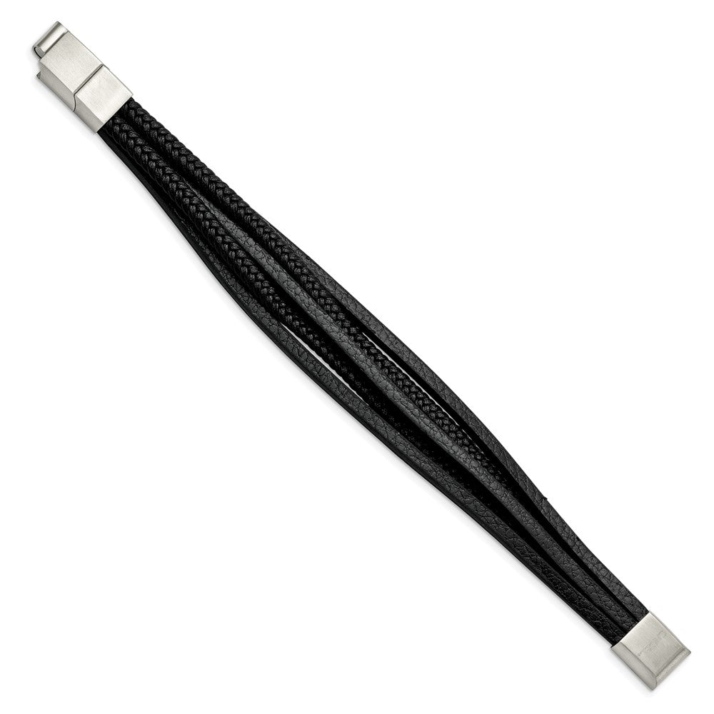 Stainless Steel Polished Black PU Leather Multi Strand w/.5in ext Bracelet 8 inches