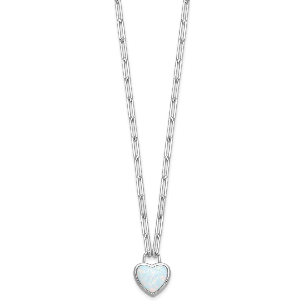 Cheryl M Sterling Silver Rhodium-plated Polished Created Opal Heart Paperclip Link Necklace 18 Inches