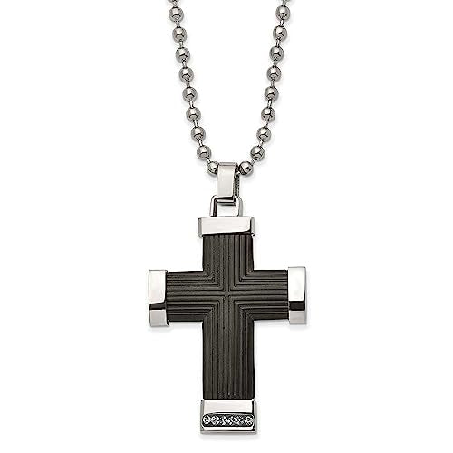 Stainless Steel Polished Black IP with Preciosa Crystal Cross 22" Necklace