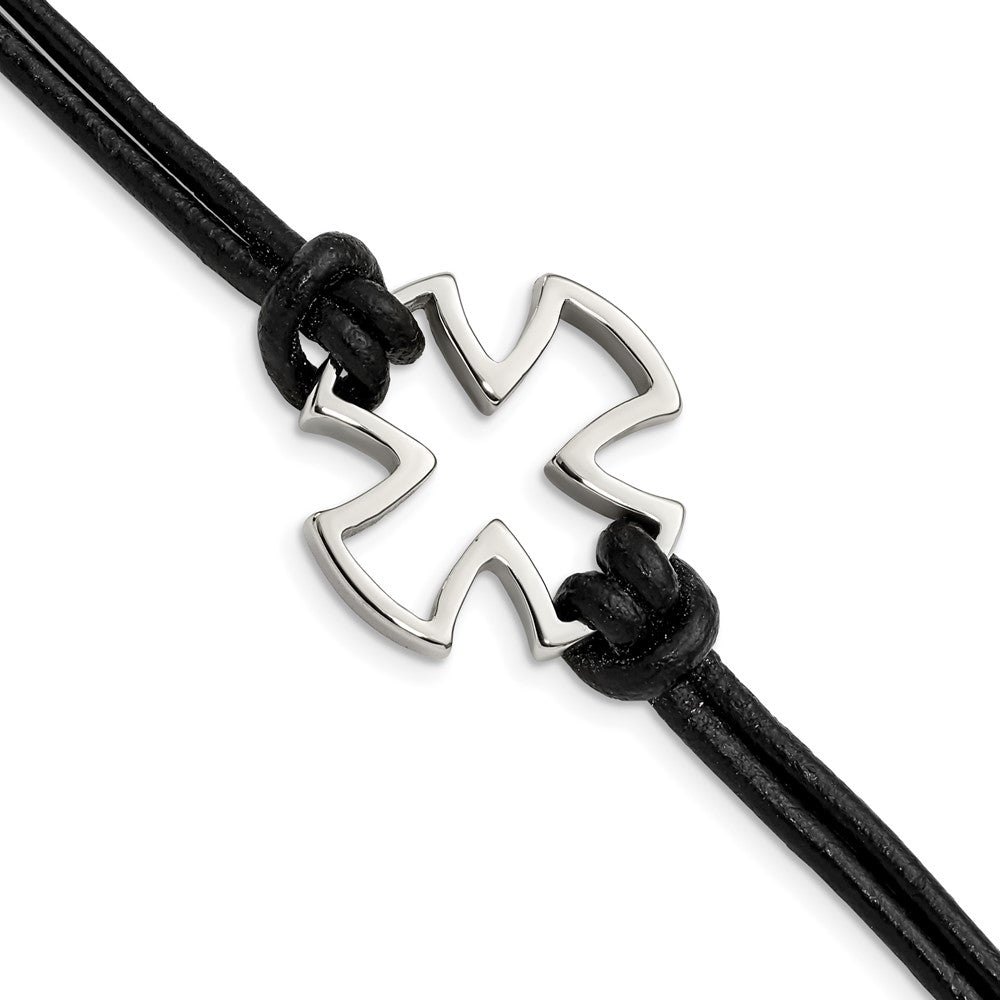 Stainless Steel Antiqued and Polished Cross Black Leather 8.25in Bracelet 8.25 inches