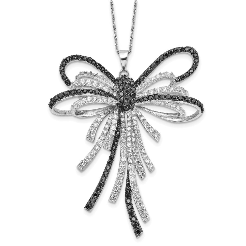Sterling Silver Rhod-pl Black and White CZ Fancy Bow Necklace