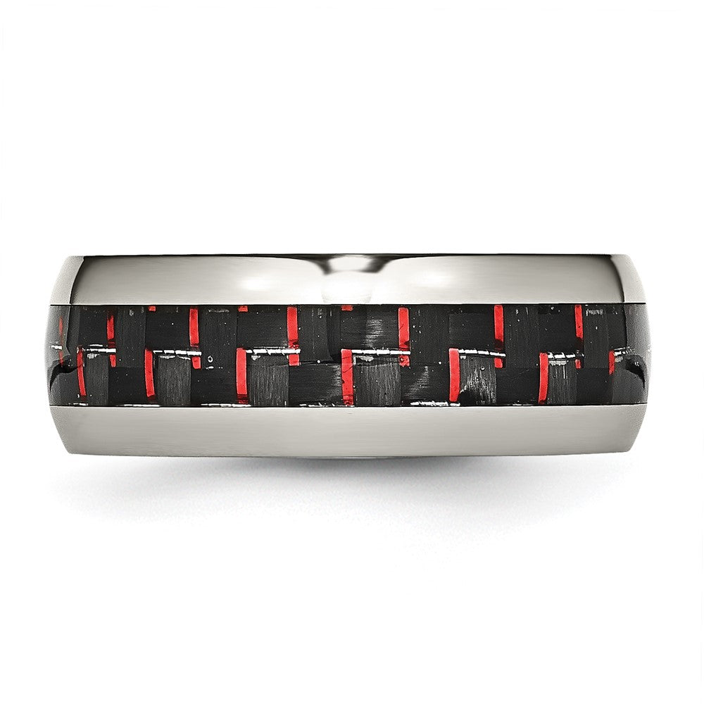 Stainless Steel Polished Black/Red Carbon Fiber Inlay 8mm Band Size - 12