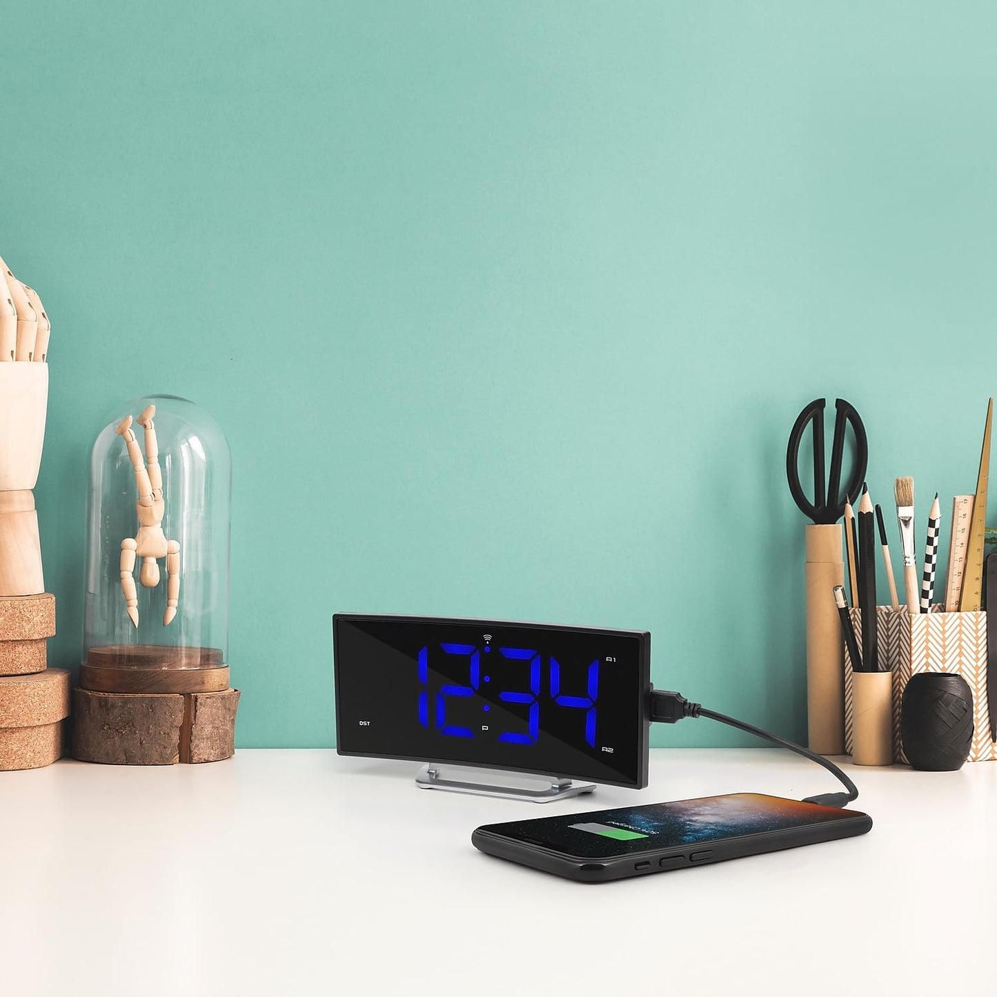 La Crosse Technology 1.8 inch Corded Electric Curved Blue LED Atomic Dual Alarm Clock, 617-249