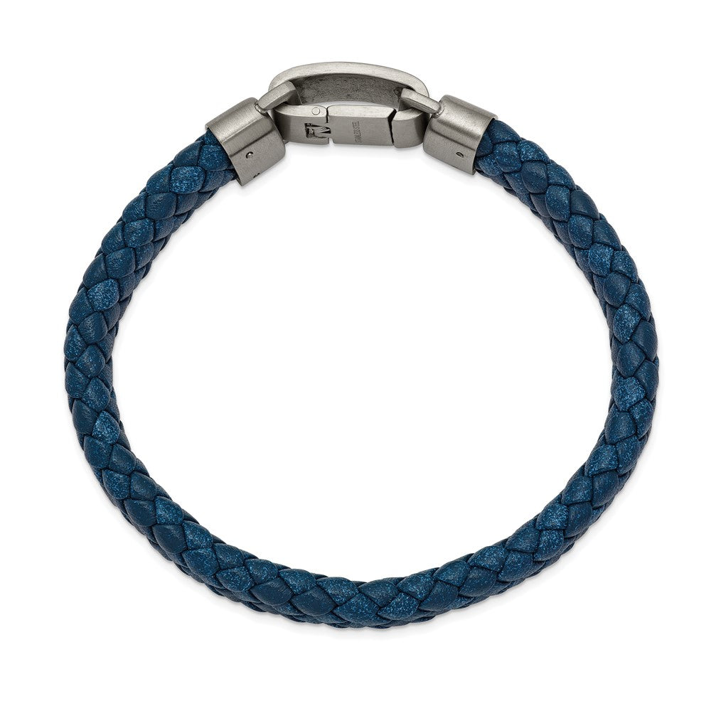 Stainless Steel Brushed Blue Leather 8.25in Bracelet 8.25 inches