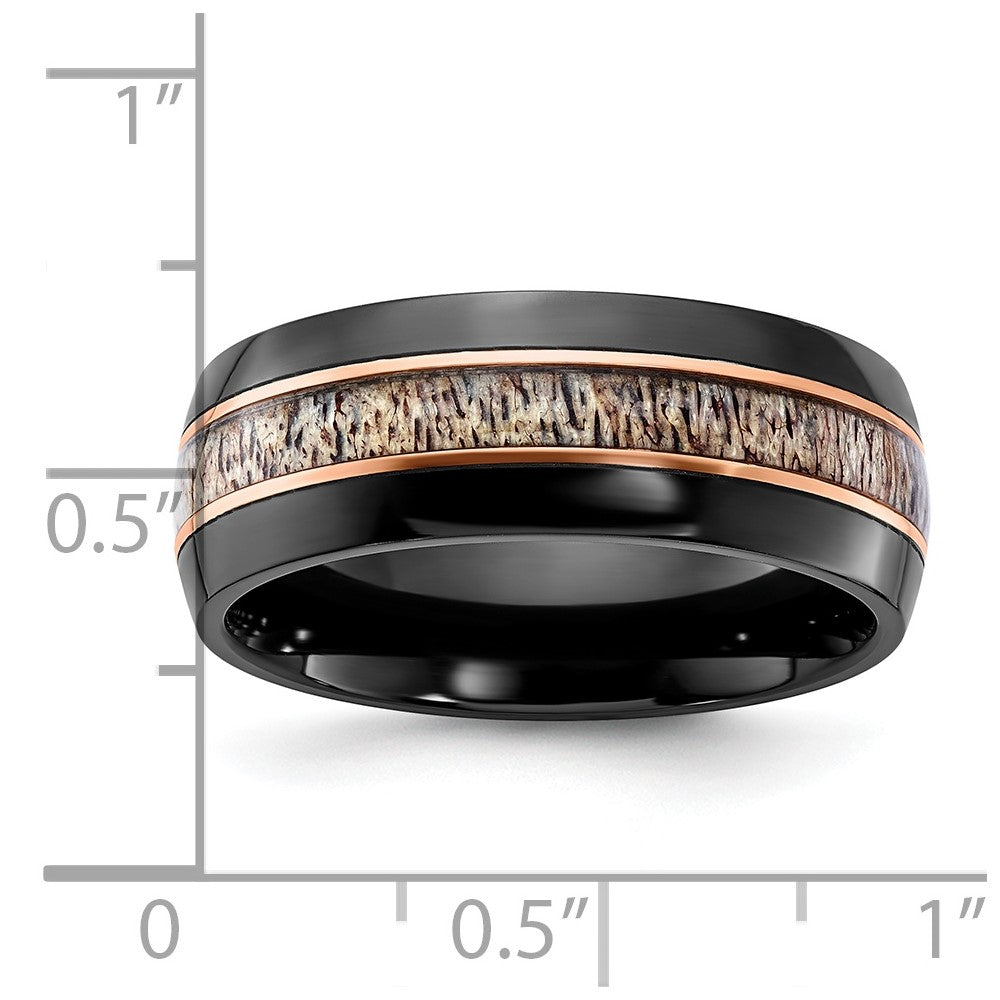 Black Zirconium Polished Rose IP-plated w/Antler Inlay 8mm Band Size - 12