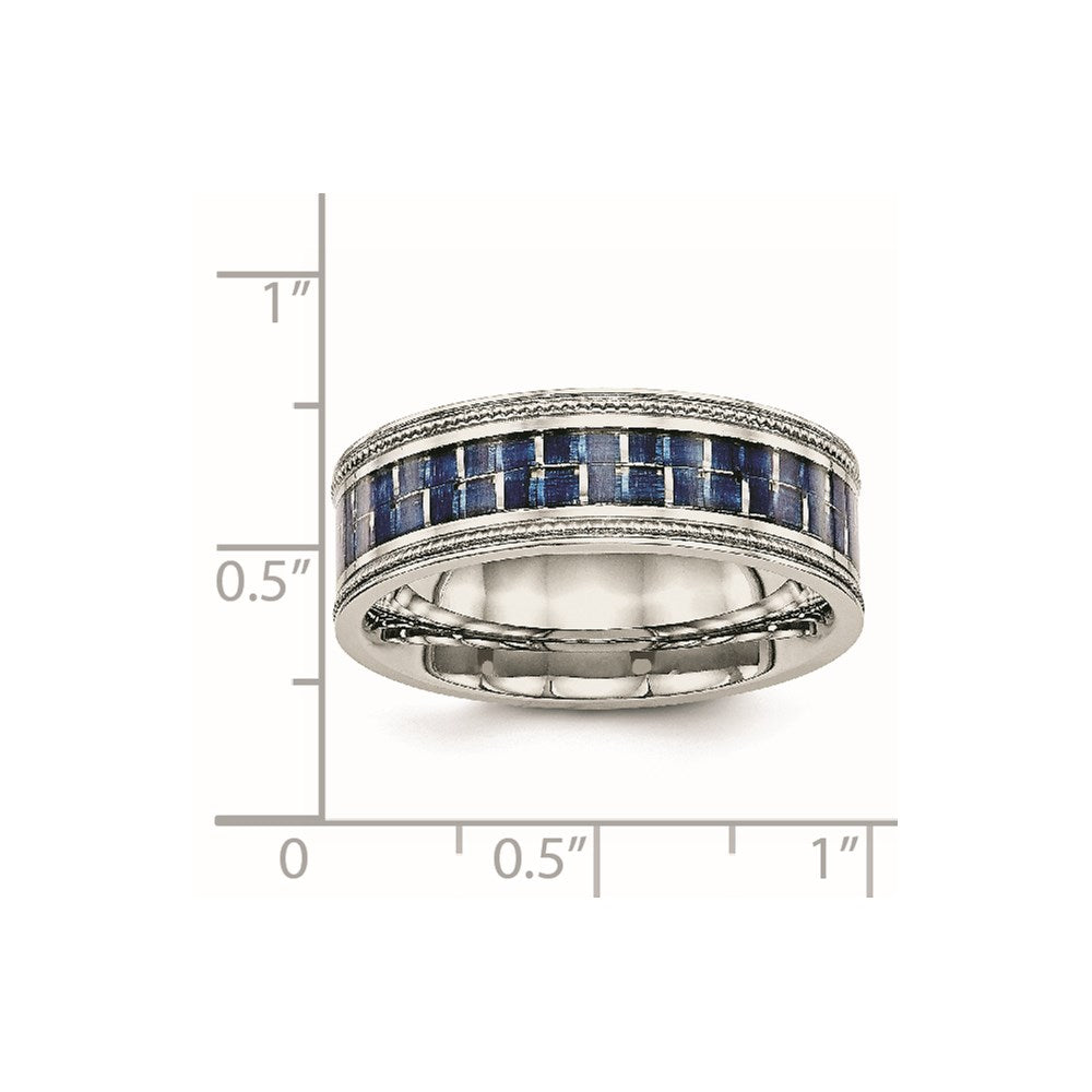 Stainless Steel Polished Blue Carbon Fiber Inlay Textured Edge 8mm Band Size - 8