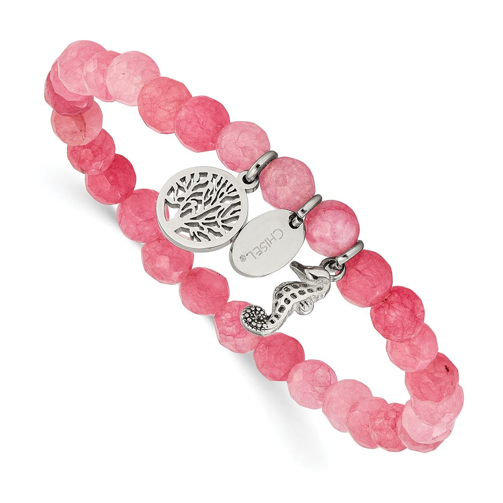 Chisel Stainless Steel Polished Seahorse and Tree of Life Dangles 6mm Pink Jade Beaded 6.25 inch Stretch Bracelet 6.25 inches