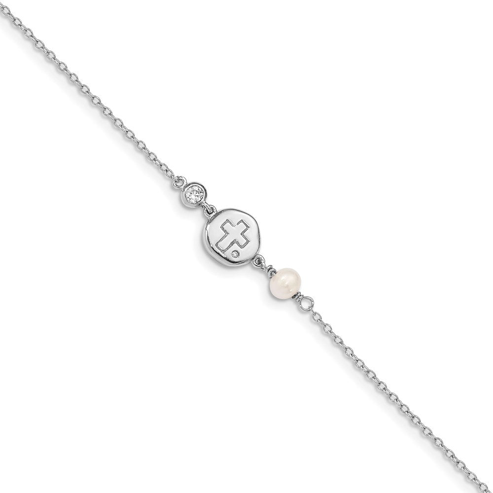 Sterling Silver RH-plated CZ/Cross/FWC Pearl w/0.5in ext Bracelet 6.75 inches